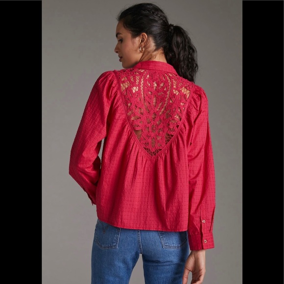 Anthropologie Pilcro Lace Back Button down long sleeve blouse in Pink XS NWT - Picture 3 of 12